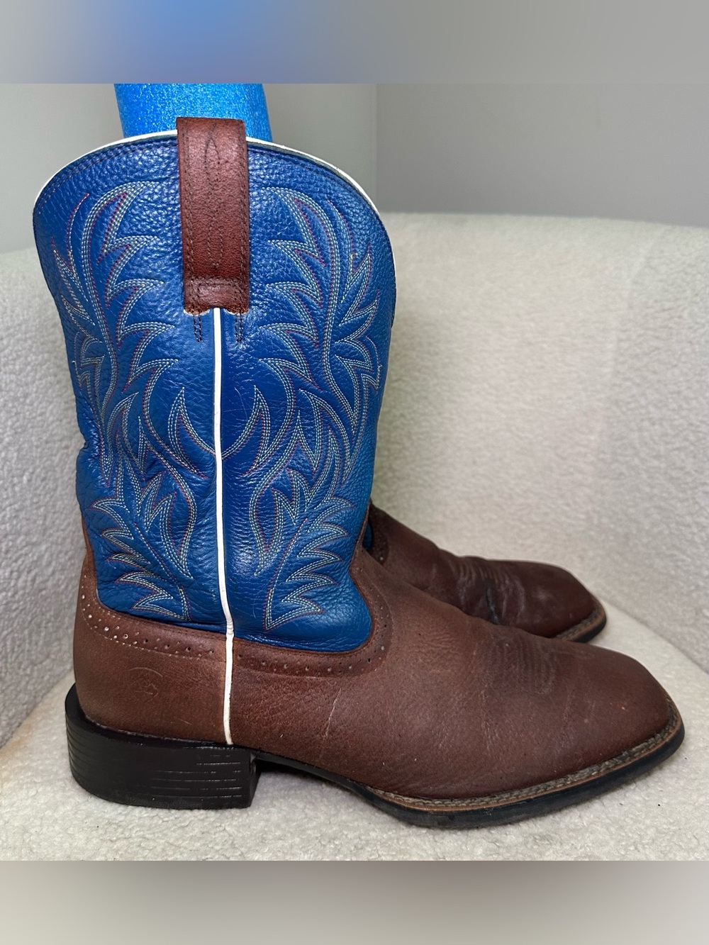 Ariat Brown Blue Leather Square Toe Western Cowboy Boots Ranch Work Wide 12